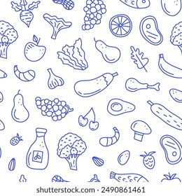 Seamless hand-drawn pattern featuring various paleo foods, including fruits, vegetables, meat, and seafood. Ideal for backgrounds, packaging, and culinary designs