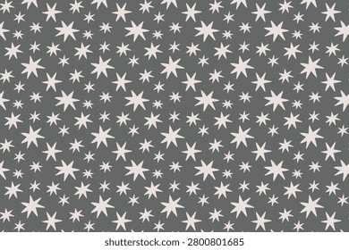 Seamless hand-drawn pattern featuring whimsical, multi-pointed white stars scattered densely across a solid dark charcoal gray background, perfect for night sky themes, textiles, and festive gift wrap.