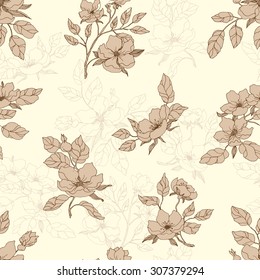 Seamless hand-drawn pattern with flowers of the dog-rose