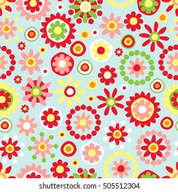 Seamless hand-drawn pattern with flowers & dots. Retro vector floral background.

