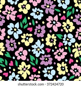 Seamless hand-drawn pattern with flowers and hearts. Retro vector floral background.
