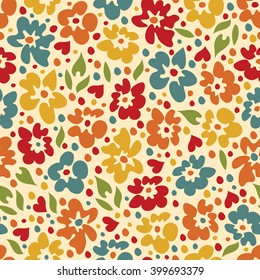 Seamless hand-drawn pattern with flowers and hearts. Retro vector floral background.