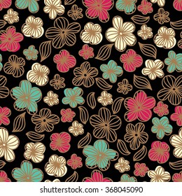 Seamless hand-drawn pattern with flowers. Retro vector floral background.