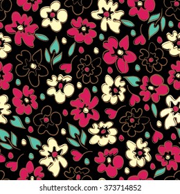 Seamless hand-drawn pattern with flowers. Retro vector floral background.