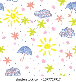 seamless hand-drawn pattern with flowers and sun