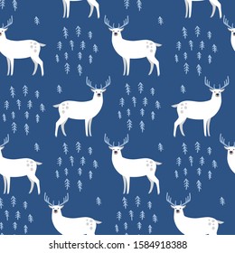 Seamless hand-drawn pattern with forest animal deer on dark background. Scandinavian design style. Vector illustration