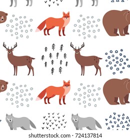 Seamless hand-drawn pattern with forest animals: fox, bear, deer, wolf on white background. Scandinavian design style. Vector illustration