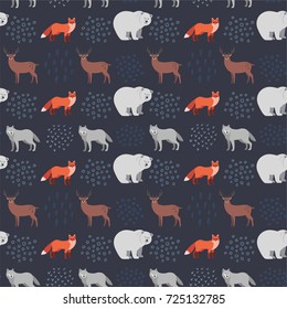 Seamless hand-drawn pattern with forest animals: fox, bear, deer, wolf on dark blue background. Scandinavian design style. Vector illustration