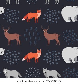 Seamless hand-drawn pattern with forest animals: fox, white bear, deer, wolf on dark background. Scandinavian design style. Vector illustration