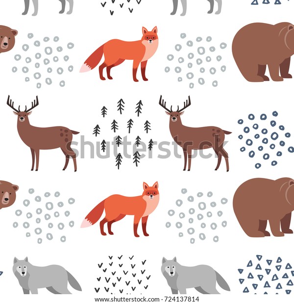 森林動物とのシームレスな手描きのパターン 白い背景にキツネ 熊 鹿 狼 北欧デザインスタイル ベクターイラスト のベクター画像素材 ロイヤリティフリー