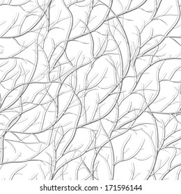 Seamless hand-drawn pattern with grey tree branch silhouettes over white background.