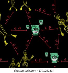 A seamless handdrawn pattern for halloween 2020 featuring Frankenstein with face masks and skeletons with 6 ft social distancing line segment between them emphasizing COVID 19 pandemic related issues.