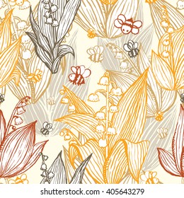 Seamless hand-drawn pattern with lily of the valley and bees.