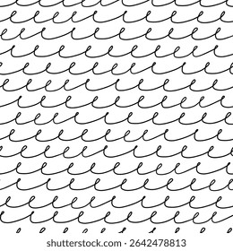 Seamless hand-drawn pattern of looping wave-like black lines   on a white background. Playful, light and airy.