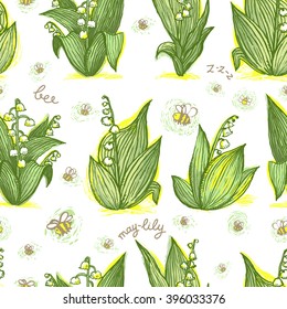 Seamless hand-drawn pattern with may-lily and bees.