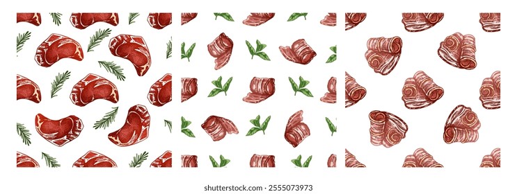Seamless hand-drawn pattern of meat cuts with fresh herbs