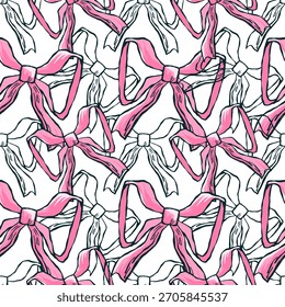 A seamless hand-drawn pattern with pink and white ribbon bows, arranged in a repeating layout on a light background. Suitable for fabric, wrapping paper, stationery and decorative print design.