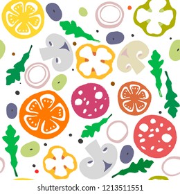 Seamless hand-drawn pattern of pizza ingredients. Salami, tomato, pepper, paprika, arugula, mushrooms.