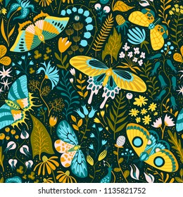 Seamless hand-drawn pattern with plants and butterflies.Vector texture