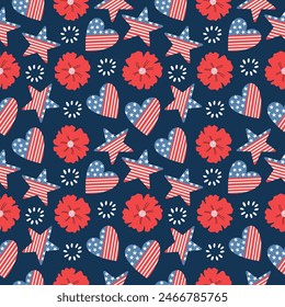 Seamless handdrawn pattern with poppy flower, american flag, stars and hearts. Vector design 4th of July on dark blue background.