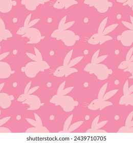 Seamless hand-drawn pattern of rabbit and bunny on a pink  background.Vector illustration