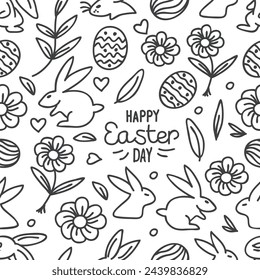 Seamless hand-drawn pattern of rabbits, bunny, eggs, hearts, flowers, and leaves on a white  background. 