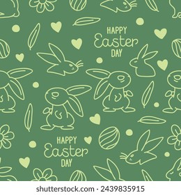 Seamless hand-drawn pattern of rabbits, eggs,heart and leaf on a green background.Vector illustration