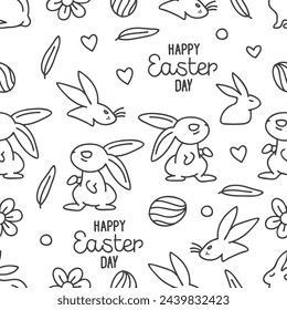 Seamless hand-drawn pattern of rabbits,bunny, eggs, hearts, flowers, and leaves on a white background. Easter pattern  illustrations