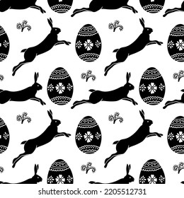 Seamless hand-drawn pattern of a running bunny and an Easter egg. Silhouette of a rabbit. Easter. Spring. Animal jumping. Egg with pattern. Vector simple illustration.