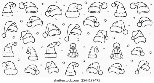 seamless hand-drawn pattern of santa hats and winter caps in black outlines on a white textured background