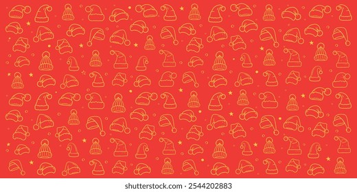 Patrón dibujado a mano sin fisuras de sombreros de Santa y gorras de invierno en contornos negros sobre un fondo texturizado rojo