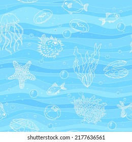 Patrón sin mar dibujado a mano con animales marinos y peces en el fondo de las olas del mar. Ilustración vectorial colorida.