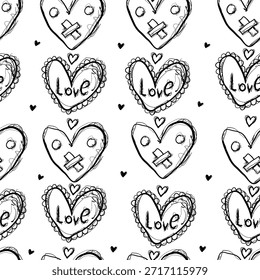Modelo inconsútil dibujado a mano con los corazones del bosquejo, los detalles cosidos y el texto del amor. Doodle fondo romántico para el día de San Valentín, envoltura, papelería y decoración.