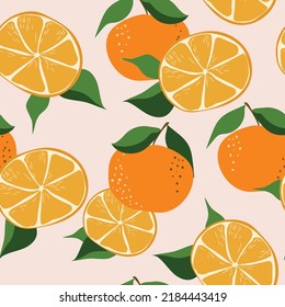 Nahtlose handgezeichnete Muster mit Scheiben und ganzen Orangen. Vektorgrafik. Toll für Tapeten, Papier, Textilien
