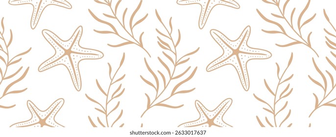 Seamless hand-drawn pattern with starfish and seaweed in warm beige on white. Coastal marine-inspired design ideal for beach-themed projects, fabrics, wallpapers, or summer packaging.