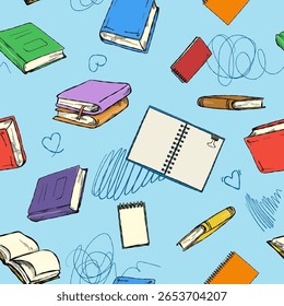 Seamless hand-drawn pattern in the style of sketches from different books and notebooks.