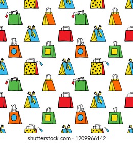 Seamless hand-drawn pattern of stylized colorful shopping bags on a white background. Vector illustration.