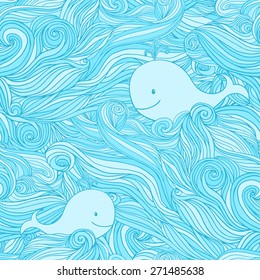 Seamless hand-drawn pattern with whales and waves. Sea wavy background.