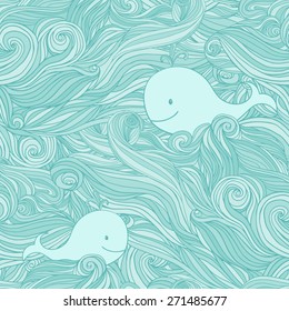 Seamless hand-drawn pattern with whales and waves. Sea wavy background.