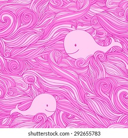 Seamless hand-drawn pattern with whales and waves. Sea wavy background.