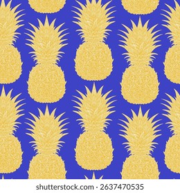 Seamless hand-drawn pineapple pattern in vintage sketch style. Tropical and Mediterranean vibe. Perfect for textile, wallpaper, packaging, home decor, and surface design.