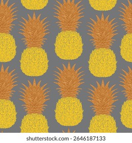 Seamless hand-drawn pineapple pattern in vintage sketch style. Tropical and Mediterranean vibe. Perfect for textile, wallpaper, packaging, home decor, and surface design.