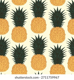 Seamless hand-drawn pineapple pattern in vintage sketch style. Tropical and Mediterranean vibe. Perfect for textile, wallpaper, packaging, home decor, and surface design.