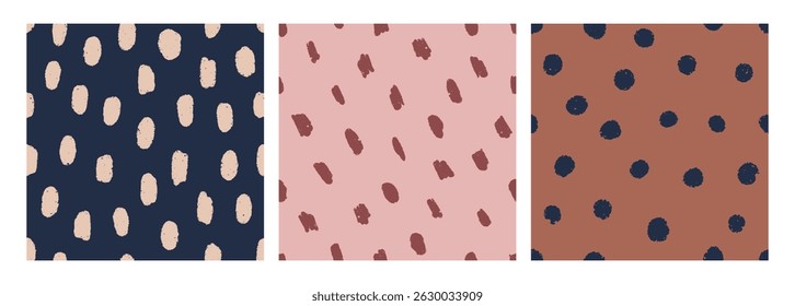 Seamless hand-drawn polka dot patterns set. Endless abstract backgrounds, textures with spots, smears. Repeating organic prints for trendy textile, wallpaper, wrapping design. Vector illustrations