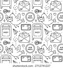 Padrão postal desenhado à mão sem emenda com letras, envelopes, carimbos, caixas postais, pombas e planos de papel. Ilustração de rabisco vetorial. Perfeito para impressão, papel de embrulho. Design bonito de entrega de correio.