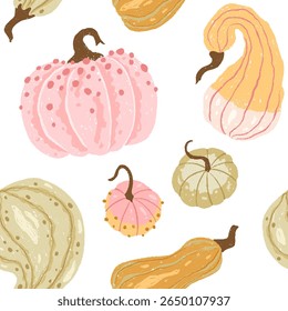 Seamless hand-drawn pumpkin Vector pattern in soft pastel colors. Cozy and textured design ideal for fall fabric, kids clothing, autumn-themed wrapping paper. Perfect for Thanksgiving or Halloween
