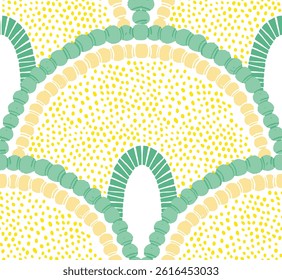 Seamless Hand-Drawn Rainbow Fan Pattern in Pastel Yellow and Green Tones