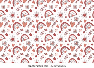 Arco-íris desenhado à mão sem costura e padrão floral com corações no estilo Boho Folk
