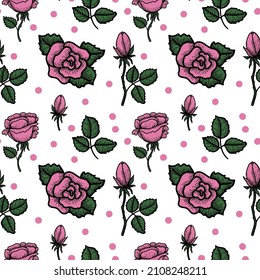 Motif harmonieux de rose dessinée à la main dans le style doodle. Roses roses et pois roses. Des fleurs. Symbole. Saint-Valentin. Image vectorielle de roses roses sur fond blanc. 