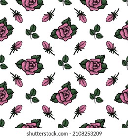 Seamless hand-drawn rose pattern in doodle style. Pink roses and peas. Geometric layout of elements. Flowers. Symbol. Valentine's Day. Vector image of pink roses on white background. 